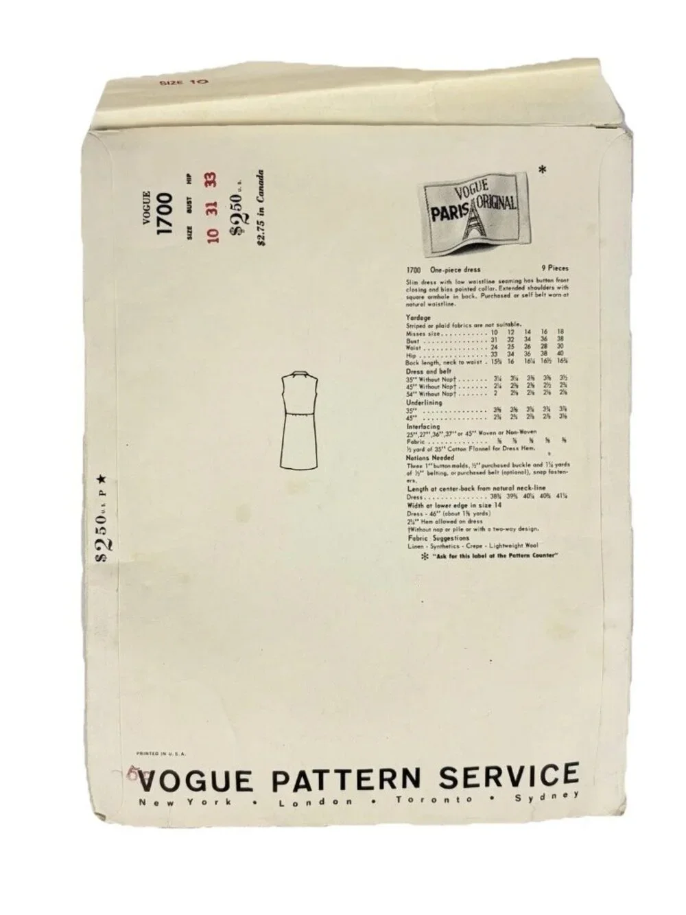 Vintage 1967 Vogue Paris Original Givenchy Sewing Pattern 1700 Size 10